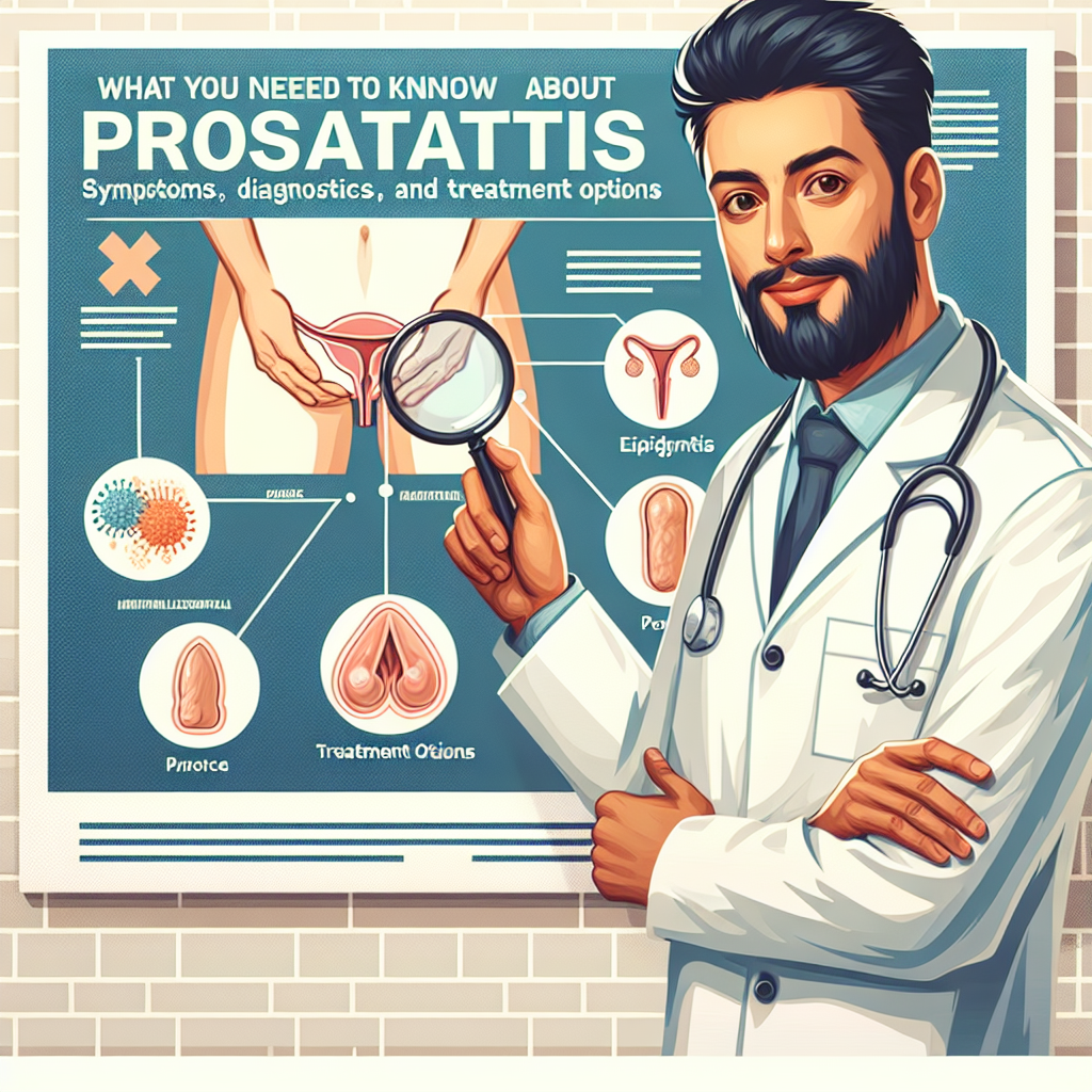 Grafică medicală arătând prostata și epididimul inflamat, evidențiind simptome comune și opțiuni de tratament precum antibiotice și ajustări ale stilului de viață.