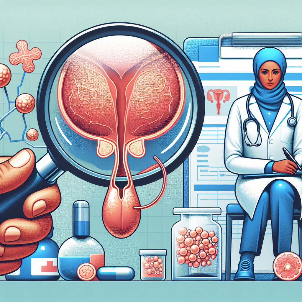 Ilustrație medicală descriind tratamentul, simptomele și metodele de diagnosticare pentru prostatită și hiperplazie prostatică.