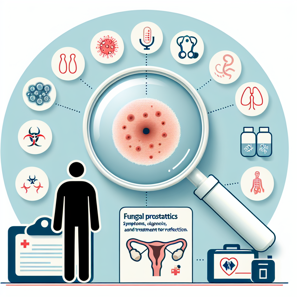 Ilustrare a prostatitei fungice, prezentând simptome și opțiuni de tratament.